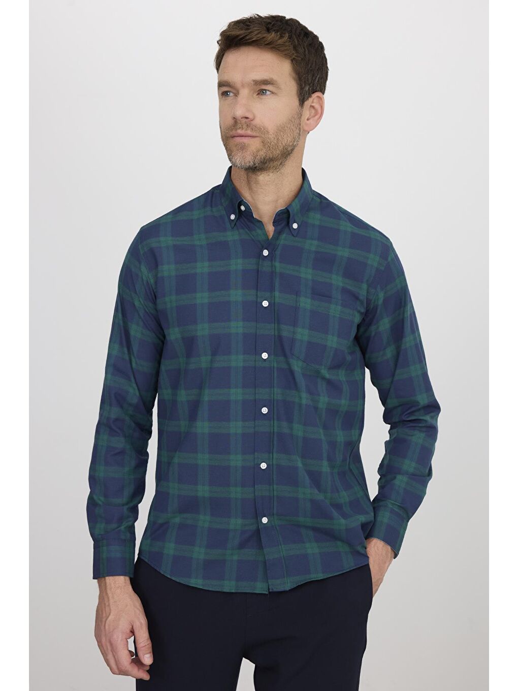 Karışık Erkek Regular Fit Klasik Kesim Düğmeli Yaka Küçük Kareli Pamuklu Yeşil-Mavi Gömlek-3