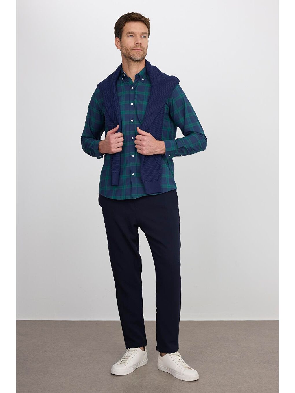 Karışık Erkek Regular Fit Klasik Kesim Düğmeli Yaka Küçük Kareli Pamuklu Yeşil-Mavi Gömlek-4