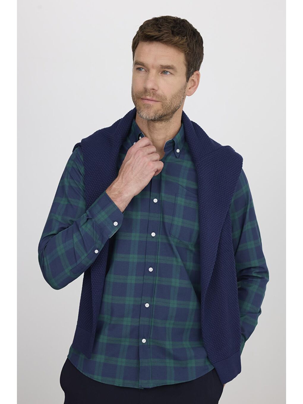 Karışık Erkek Regular Fit Klasik Kesim Düğmeli Yaka Küçük Kareli Pamuklu Yeşil-Mavi Gömlek-5