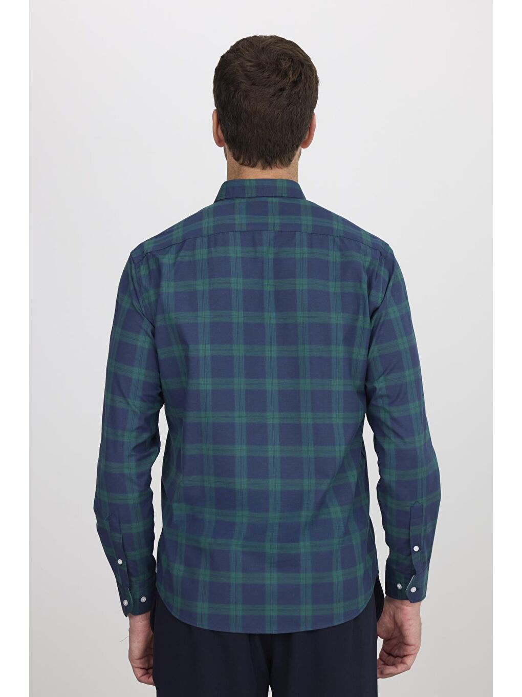 Karışık Erkek Regular Fit Klasik Kesim Düğmeli Yaka Küçük Kareli Pamuklu Yeşil-Mavi Gömlek-7