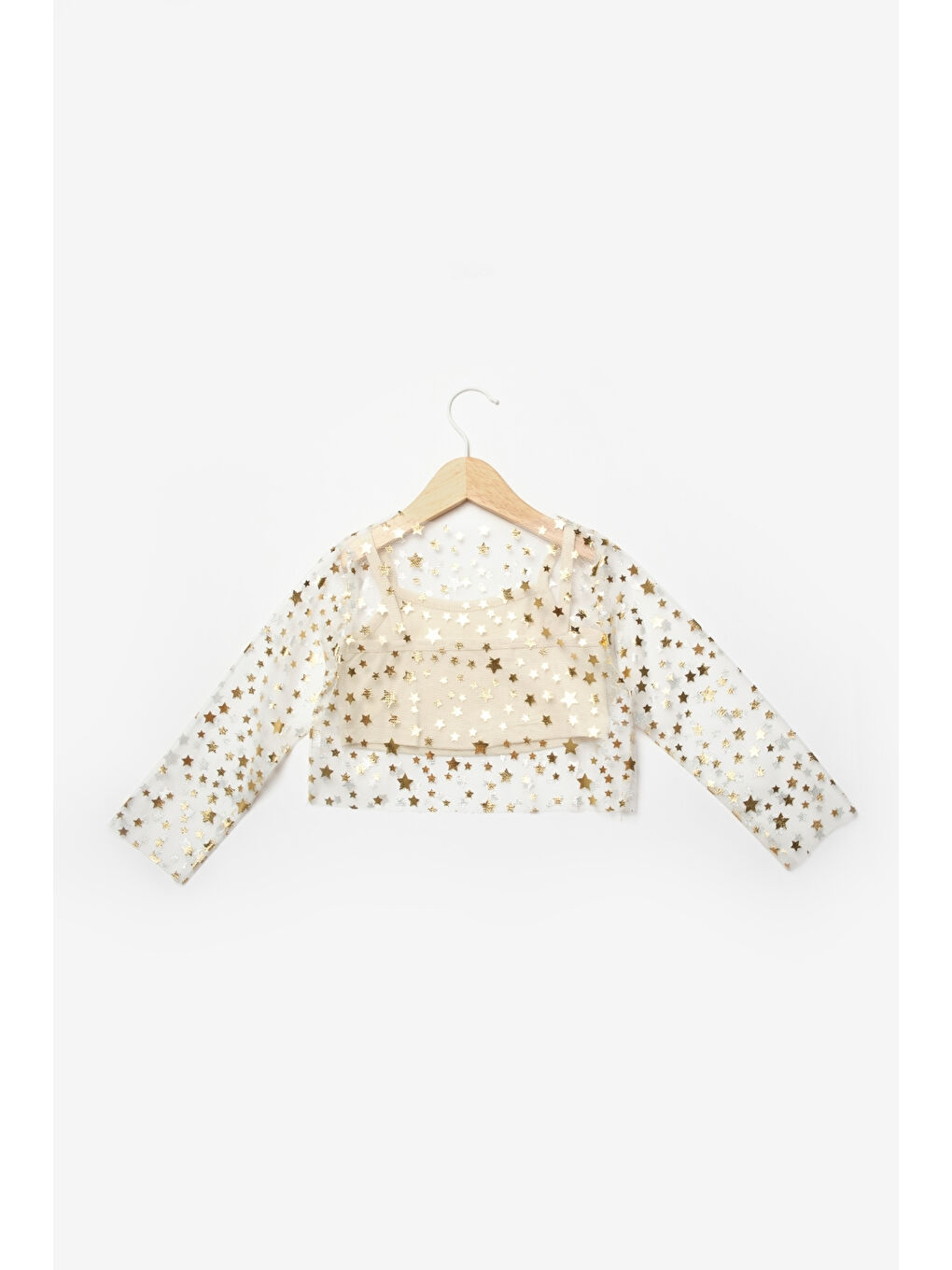 Ekru Uzun Kollu Yıldızlı Kız Çocuk Tül Crop-1