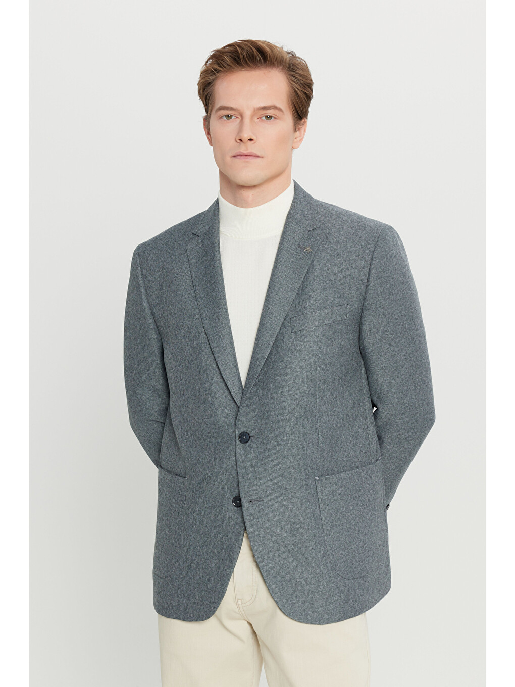 Erkek Gri Normal Kesim Mono Yaka Torba Cepli Armürlü Blazer Ceket-2