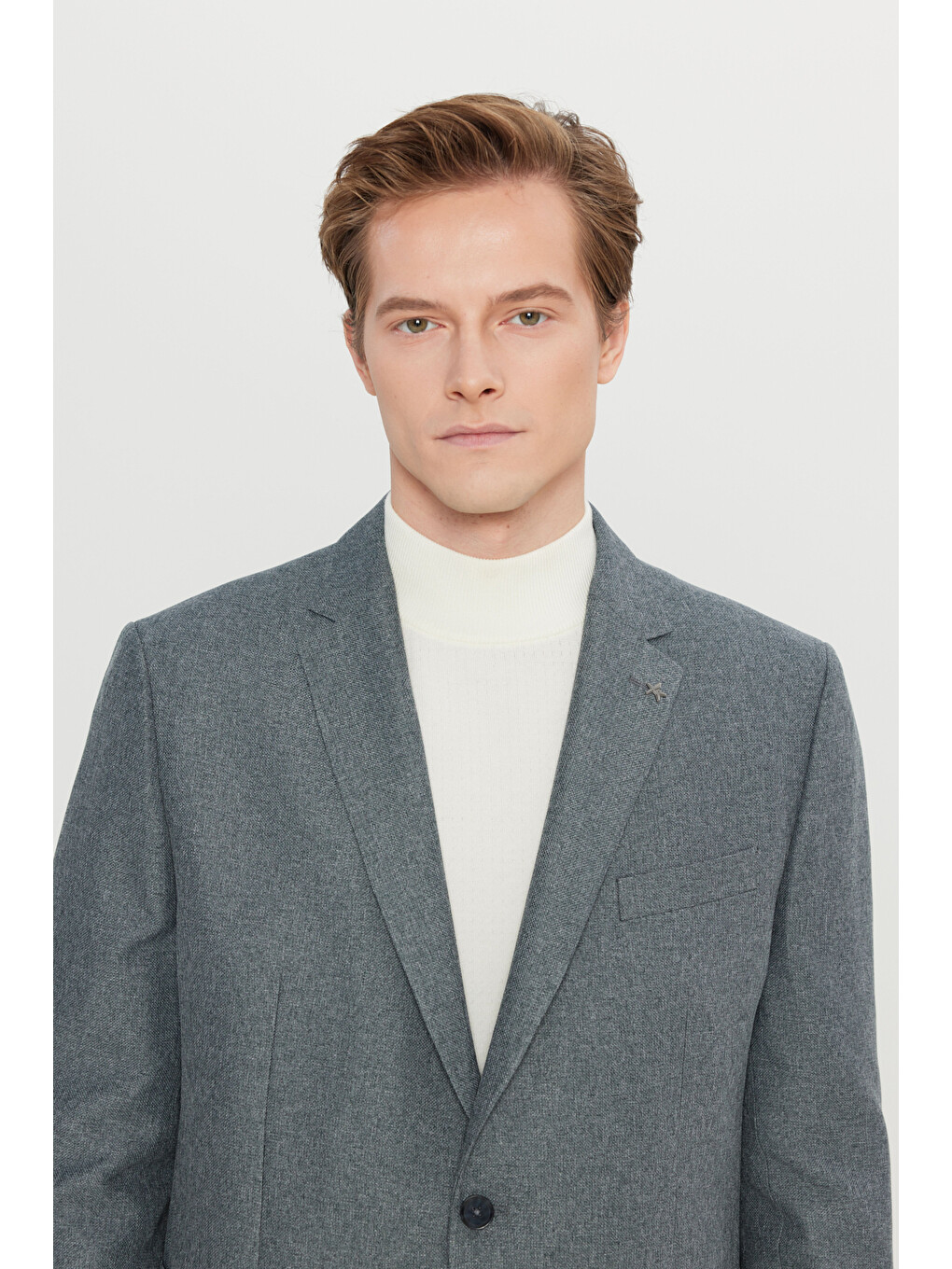 Erkek Gri Normal Kesim Mono Yaka Torba Cepli Armürlü Blazer Ceket-3