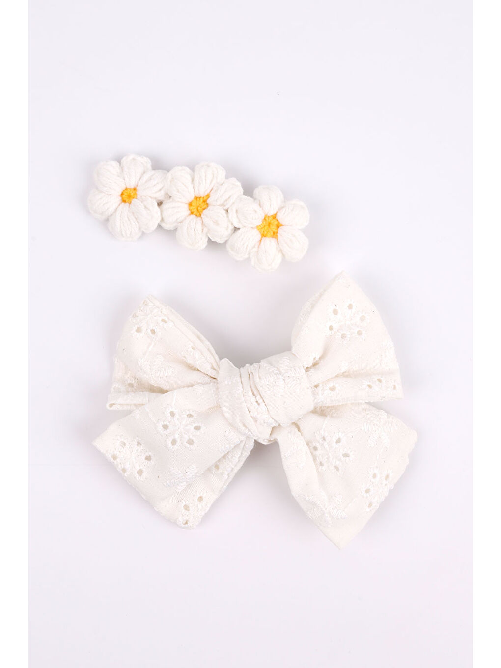 Ekru Fisto Fiyonk Örgü Çiçek 2'li Klips Toka-1