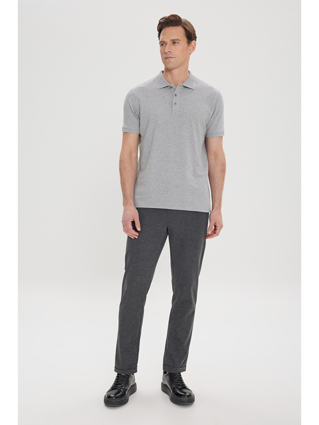 Erkek Gri Melanj Slim Fit Dar Kesim Polo Yaka %100 Pamuk Kısa Kollu Tişört-4