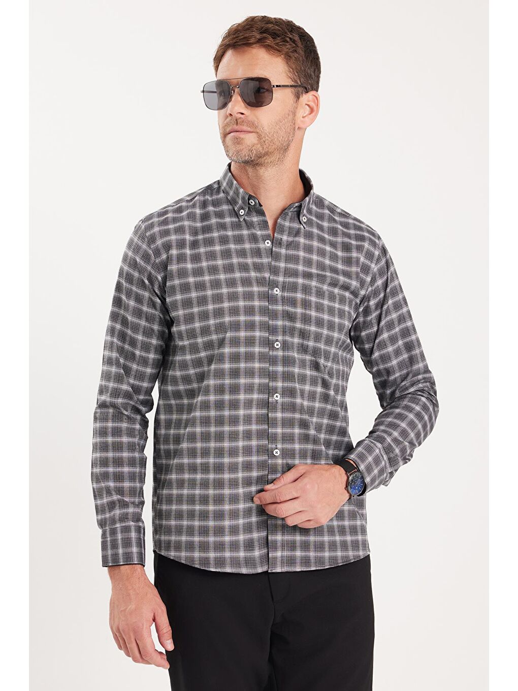 Karışık Erkek Regular Fit Klasik Kesim Düğmeli Yaka Küçük Kareli Pamuklu Gömlek