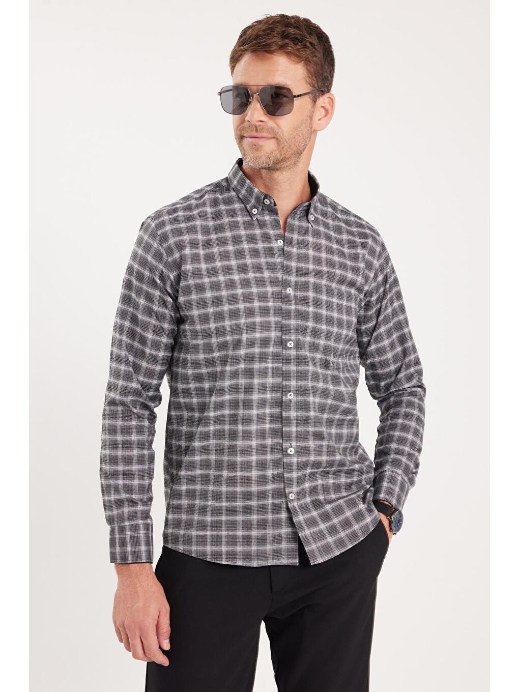 Karışık Erkek Regular Fit Klasik Kesim Düğmeli Yaka Küçük Kareli Pamuklu Gömlek-3