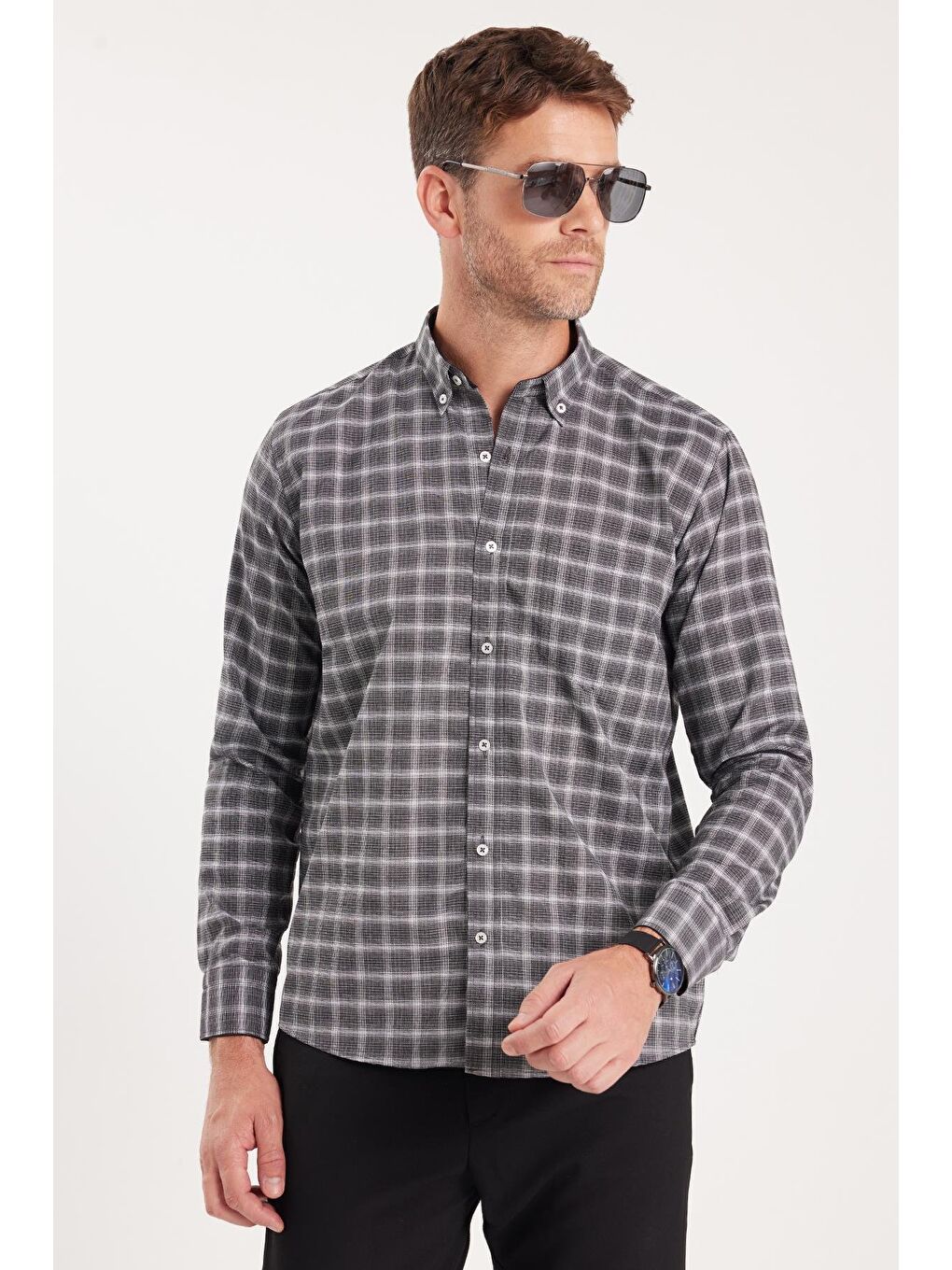 Karışık Erkek Regular Fit Klasik Kesim Düğmeli Yaka Küçük Kareli Pamuklu Gömlek-4