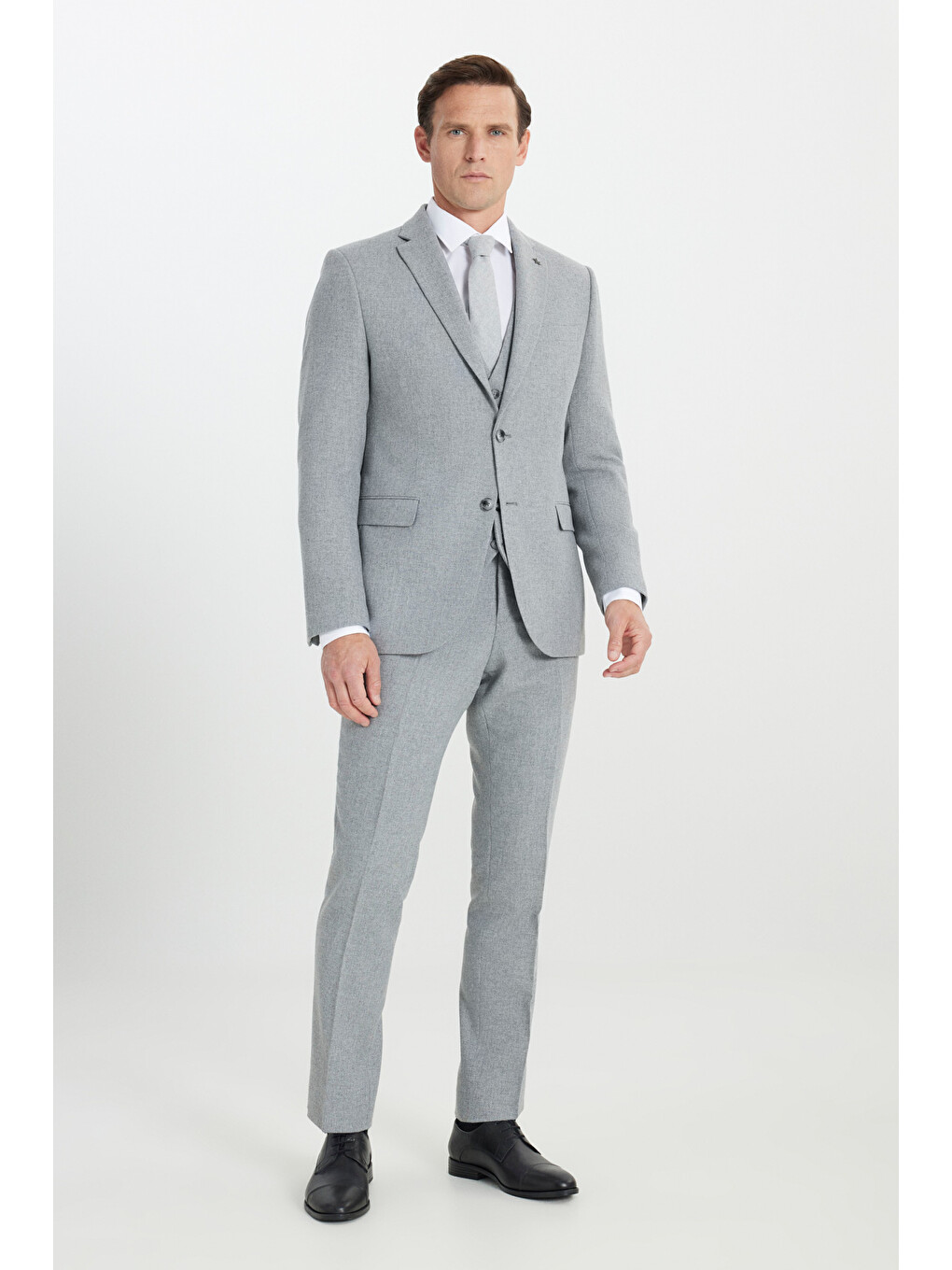 Erkek Gri Yünlü Slim Fit Dar Kesim Mono Yaka Diagonal Desenli Kapak Cepli Yelekli Takım Elbise-1