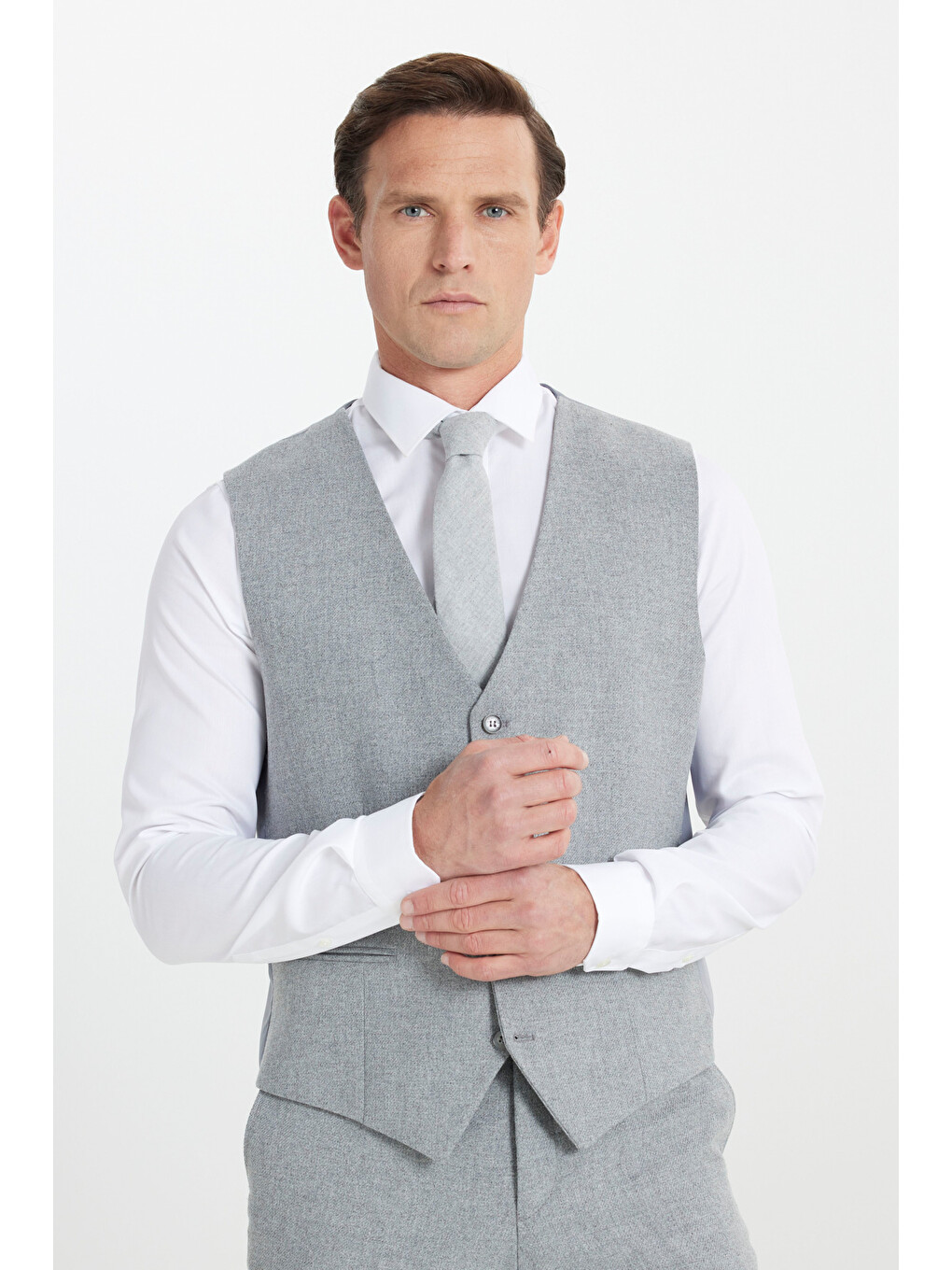 Erkek Gri Yünlü Slim Fit Dar Kesim Mono Yaka Diagonal Desenli Kapak Cepli Yelekli Takım Elbise-3