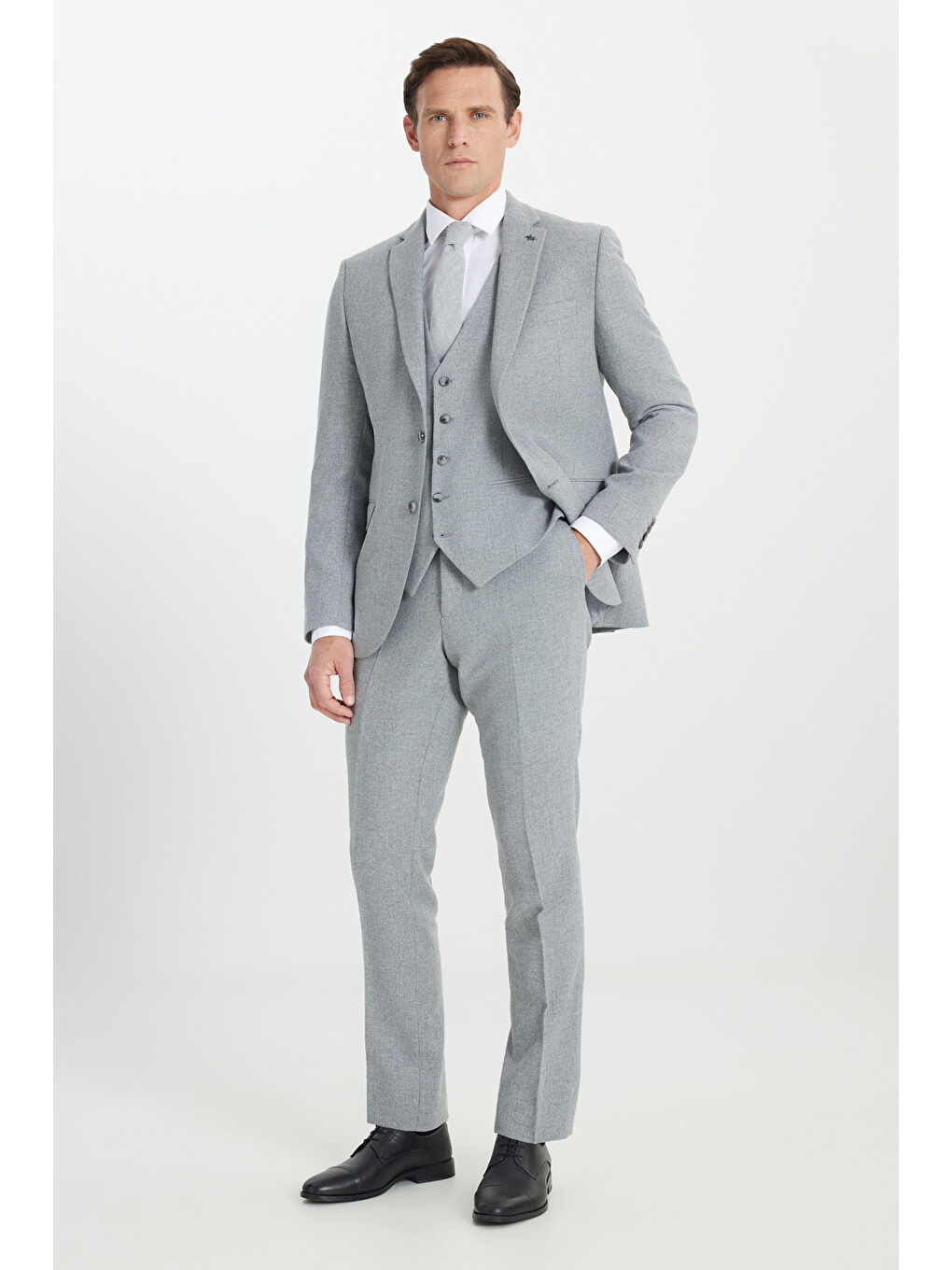 Erkek Gri Yünlü Slim Fit Dar Kesim Mono Yaka Diagonal Desenli Kapak Cepli Yelekli Takım Elbise-4