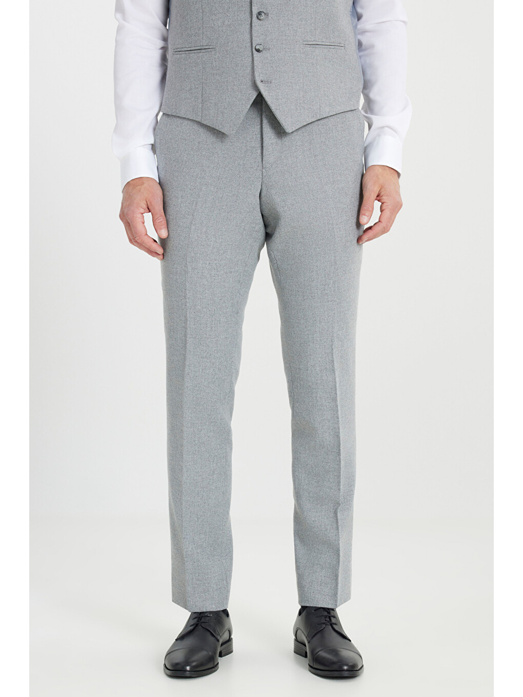 Erkek Gri Yünlü Slim Fit Dar Kesim Mono Yaka Diagonal Desenli Kapak Cepli Yelekli Takım Elbise-5