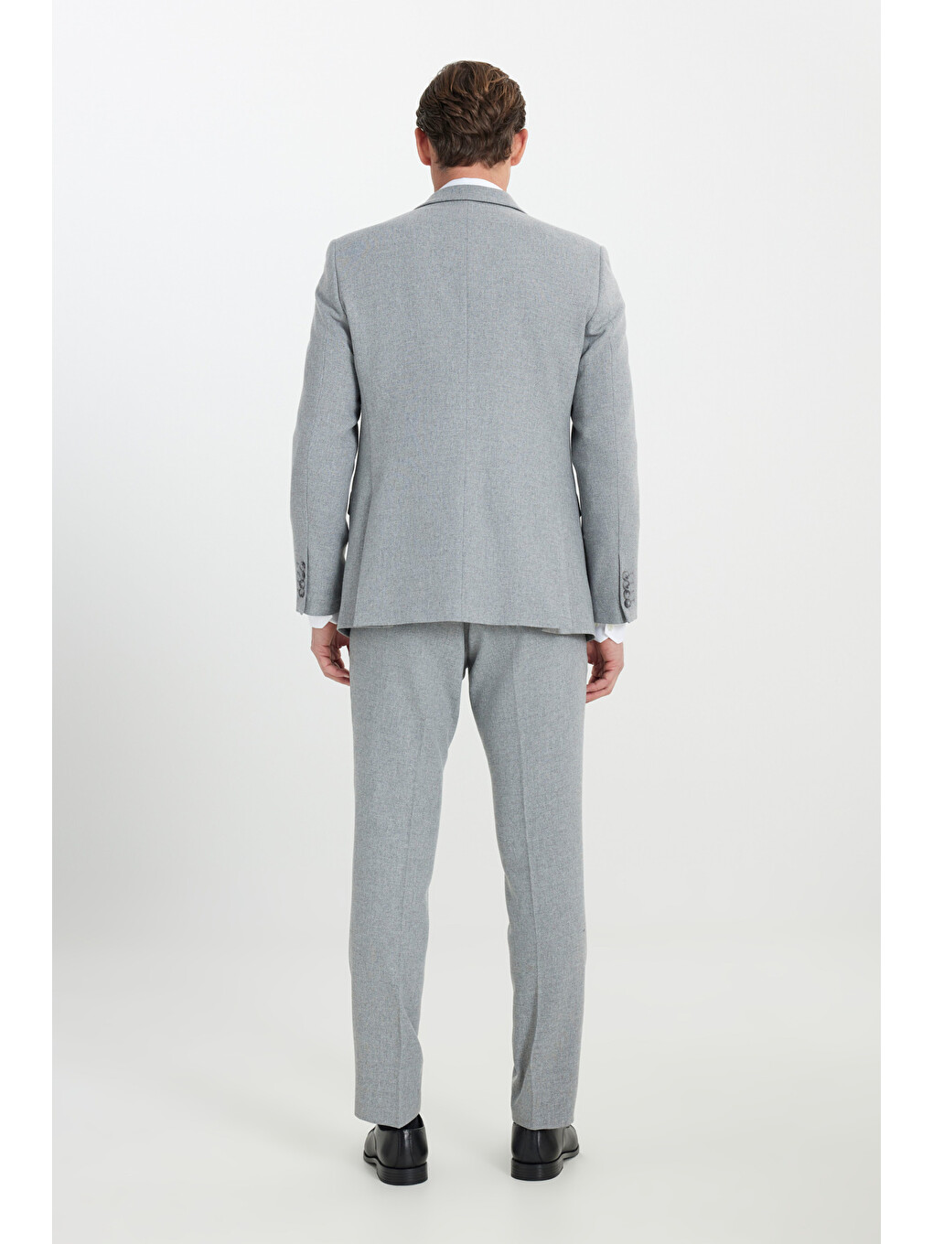 Erkek Gri Yünlü Slim Fit Dar Kesim Mono Yaka Diagonal Desenli Kapak Cepli Yelekli Takım Elbise-7