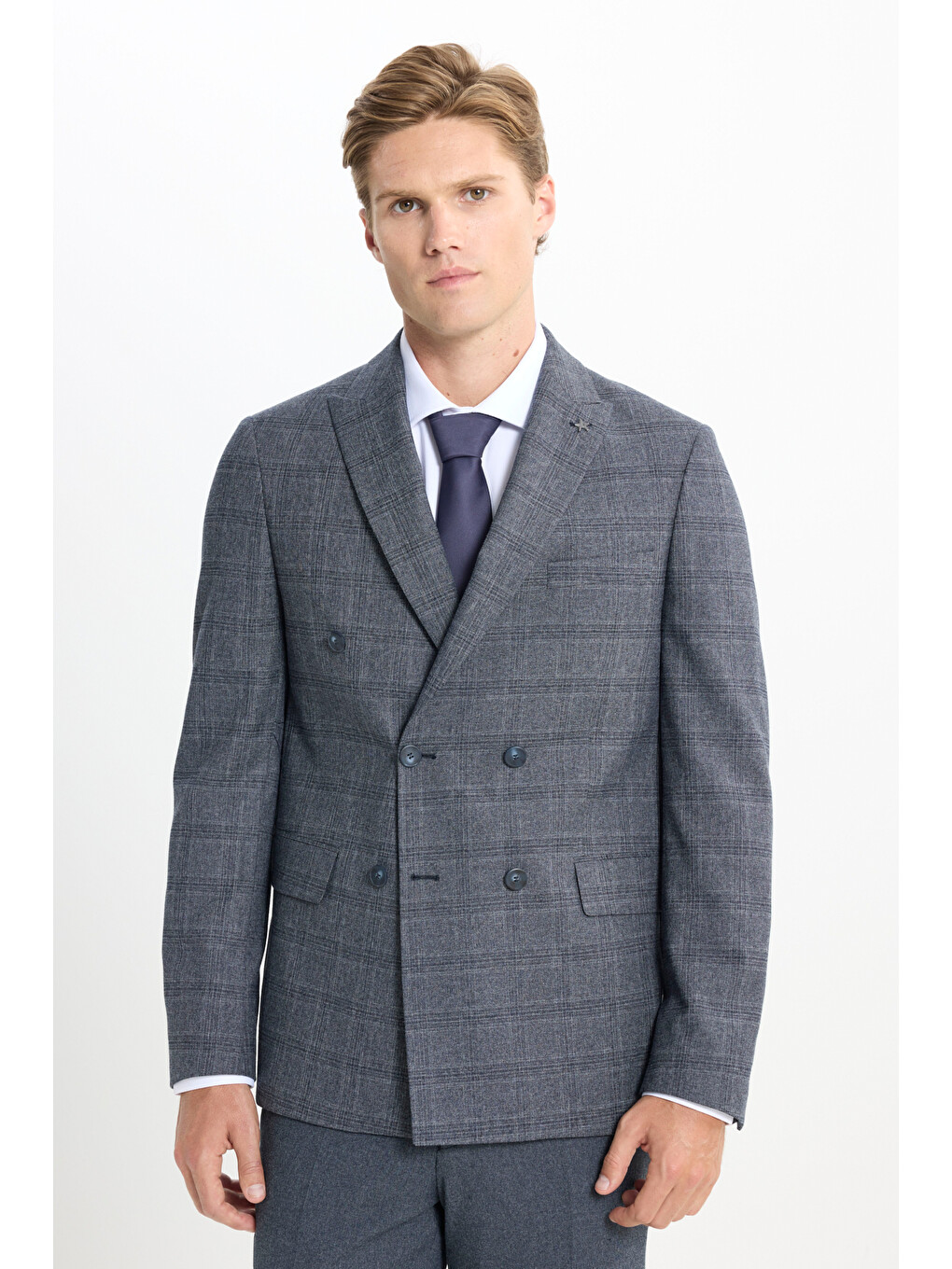 Erkek Koyu Gri Slim Fit Dar Kesim Kırlangıç Yaka Kareli Kapak Cepli Esnek Takım Elbise-4