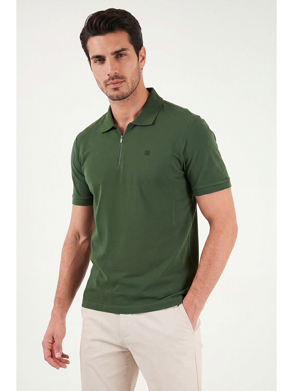 Yeşil Regular Fit Fermuarlı Polo T Shirt 5904069-3