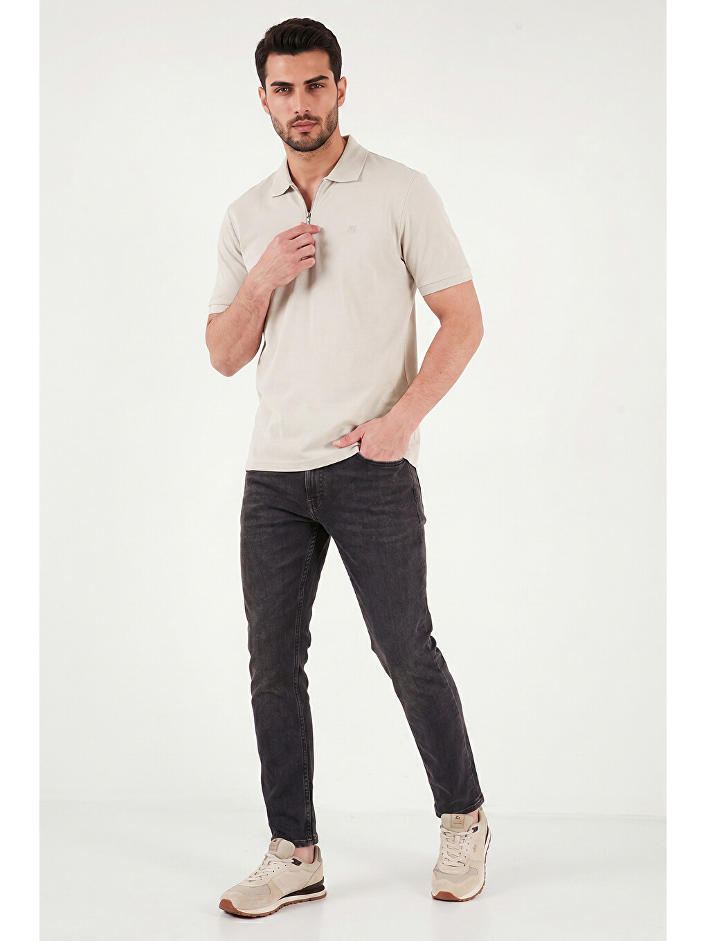 Bej Regular Fit Fermuarlı Polo T Shirt 5904069-1