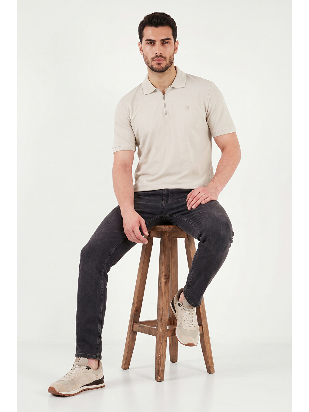 Bej Regular Fit Fermuarlı Polo T Shirt 5904069-3