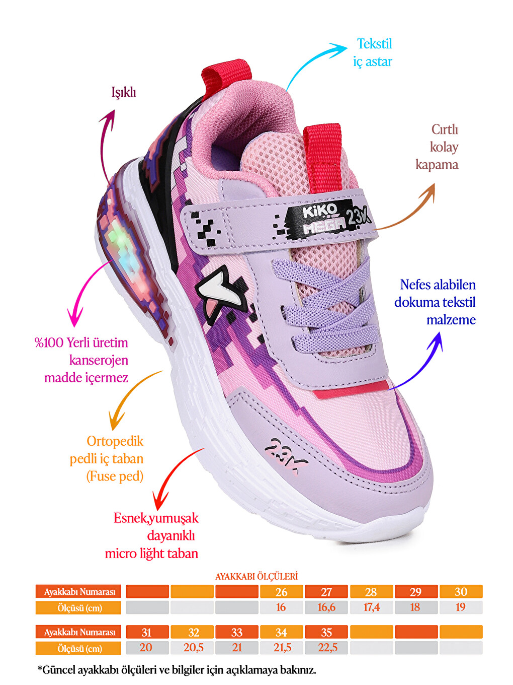 Lila Craft Işıklı Günlük Cırtlı Kız Çocuk Spor Ayakkabı-1