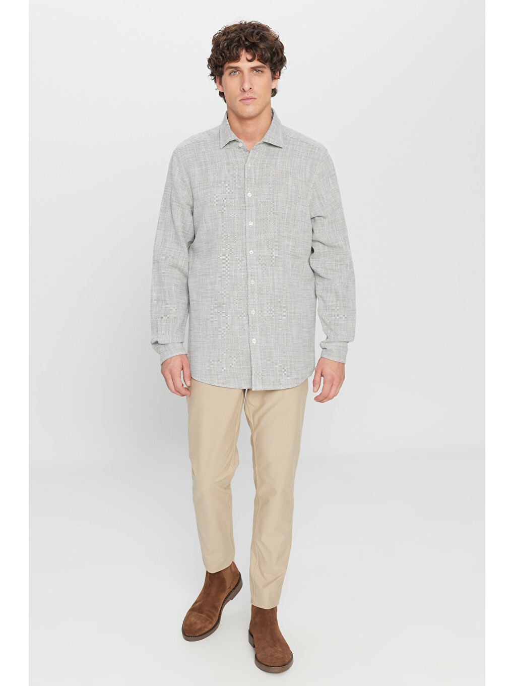 Erkek Haki-beyaz %100 Pamuk Slim Fit Dar Kesim Klasik Yaka Armürlü Gömlek-1