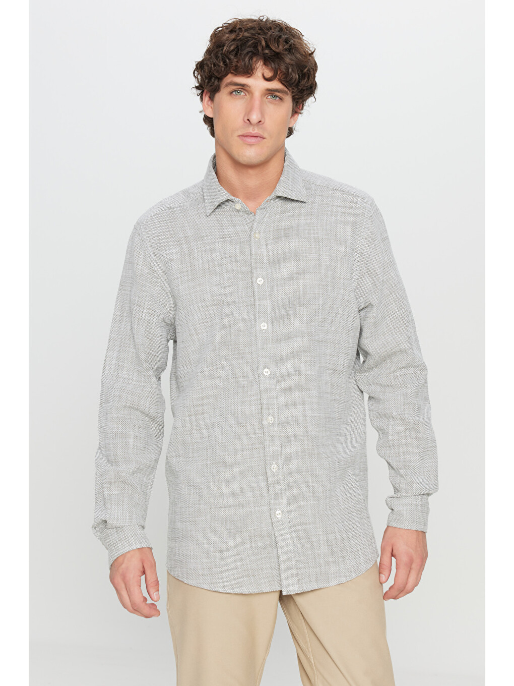 Erkek Haki-beyaz %100 Pamuk Slim Fit Dar Kesim Klasik Yaka Armürlü Gömlek-2