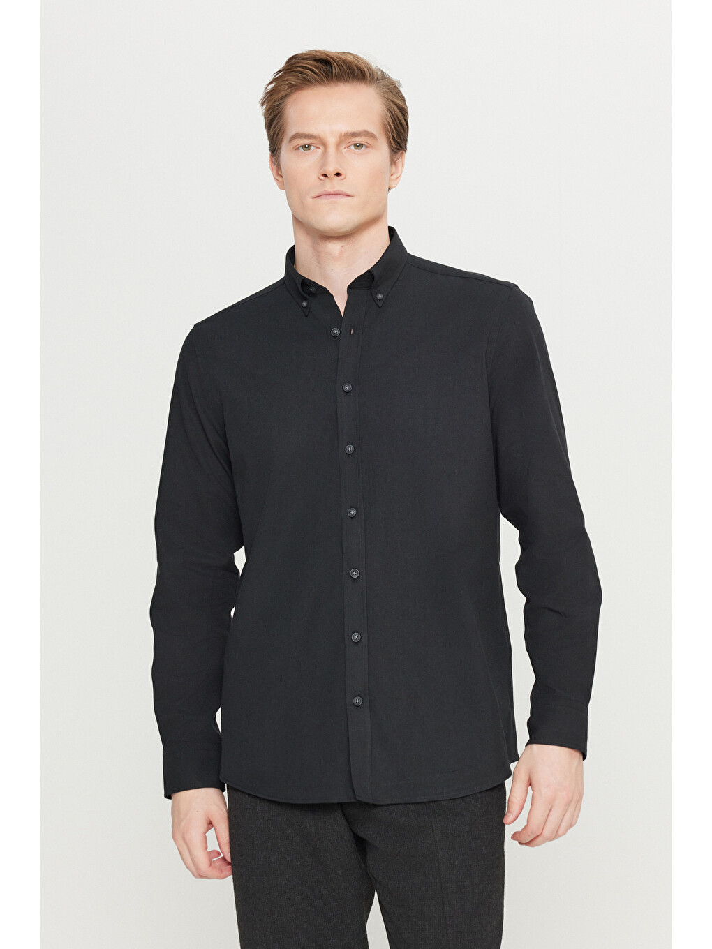 Erkek Siyah Pamuklu Slim Fit Dar Kesim Düğmeli Yaka Diagonal Desenli Flanel Gömlek-2