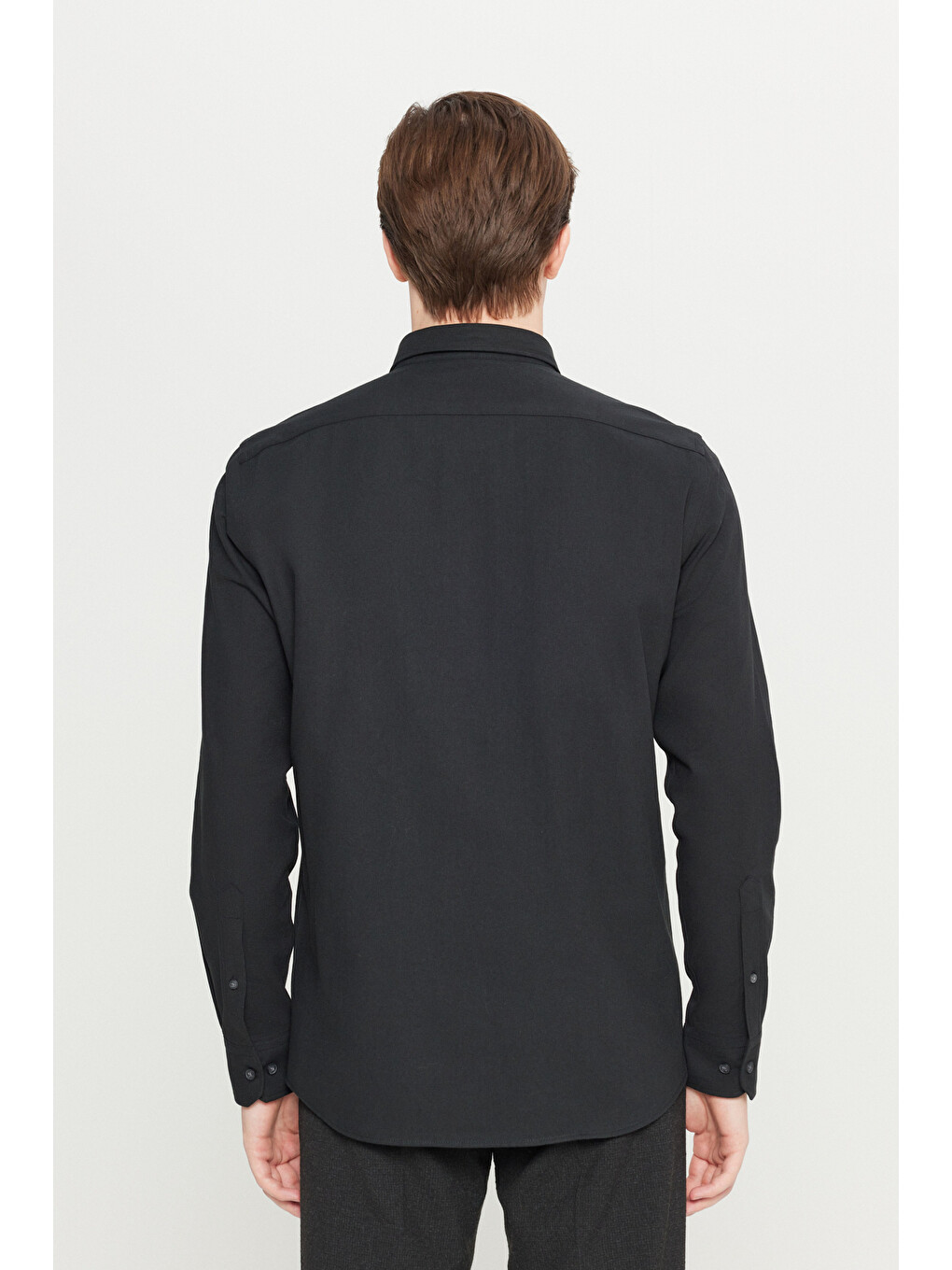 Erkek Siyah Pamuklu Slim Fit Dar Kesim Düğmeli Yaka Diagonal Desenli Flanel Gömlek-4