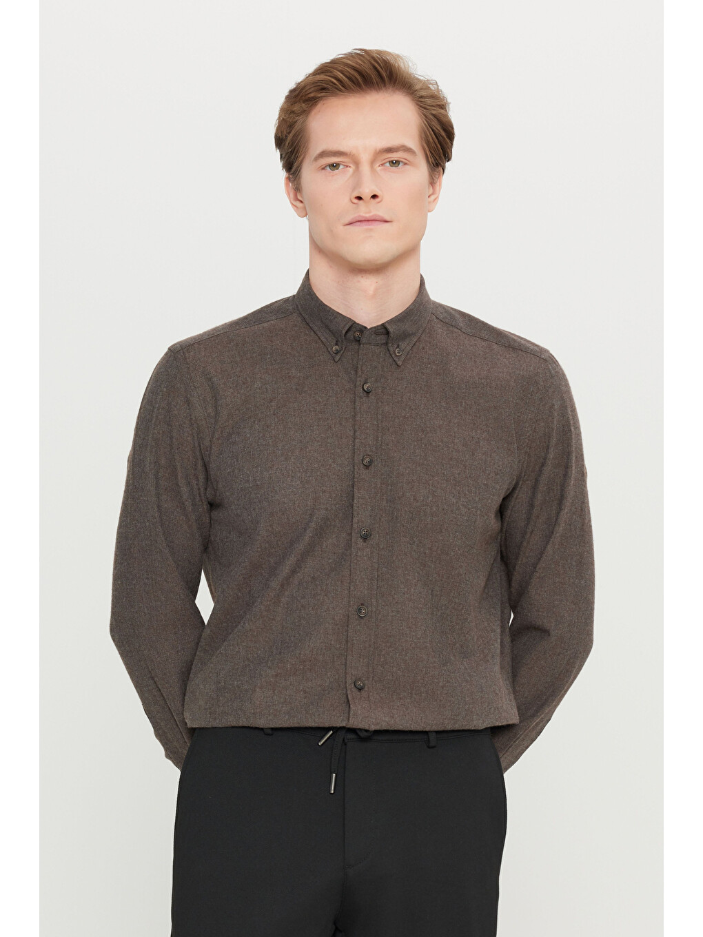 Erkek Kahverengi Pamuklu Slim Fit Dar Kesim Düğmeli Yaka Diagonal Desenli Flanel Gömlek-2