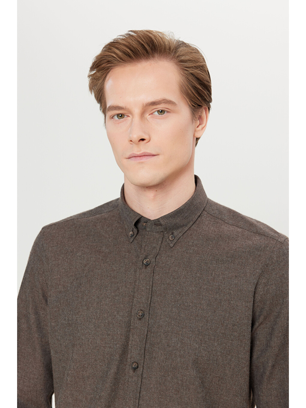 Erkek Kahverengi Pamuklu Slim Fit Dar Kesim Düğmeli Yaka Diagonal Desenli Flanel Gömlek-3