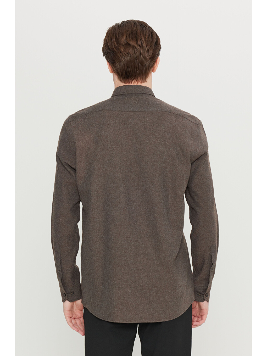 Erkek Kahverengi Pamuklu Slim Fit Dar Kesim Düğmeli Yaka Diagonal Desenli Flanel Gömlek-4
