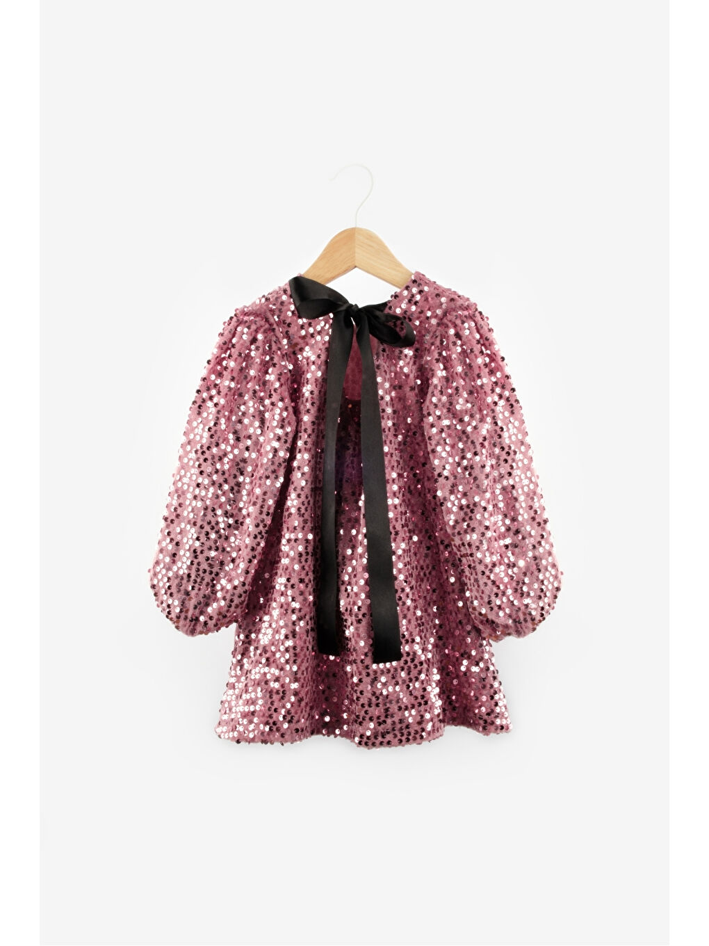 Pembe Gülkurusu Üzeri Pullu Kadife Kız Çocuk Elbise - Oriel-5