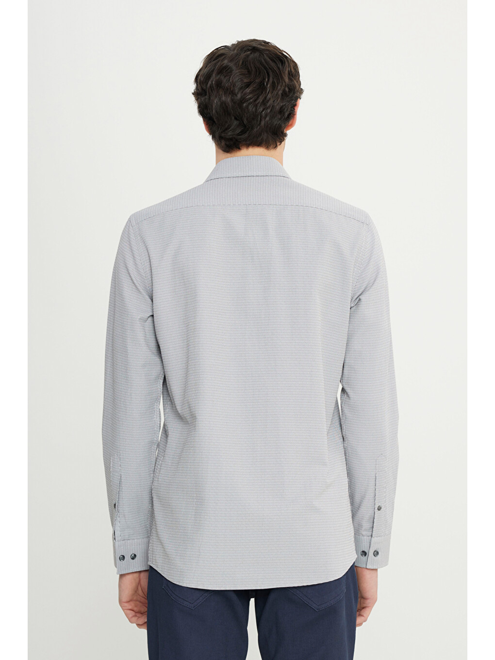 Erkek Gri Pamuklu Oxford Slim Fit Dar Kesim Küçük İtalyan Yaka Armürlü Gömlek-4