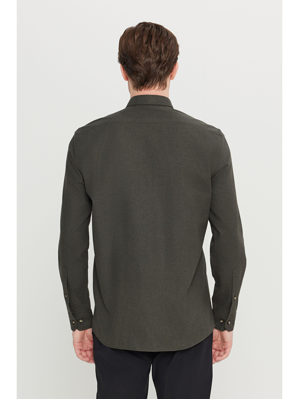 Erkek Haki Pamuklu Slim Fit Dar Kesim Düğmeli Yaka Diagonal Desenli Flanel Gömlek-4