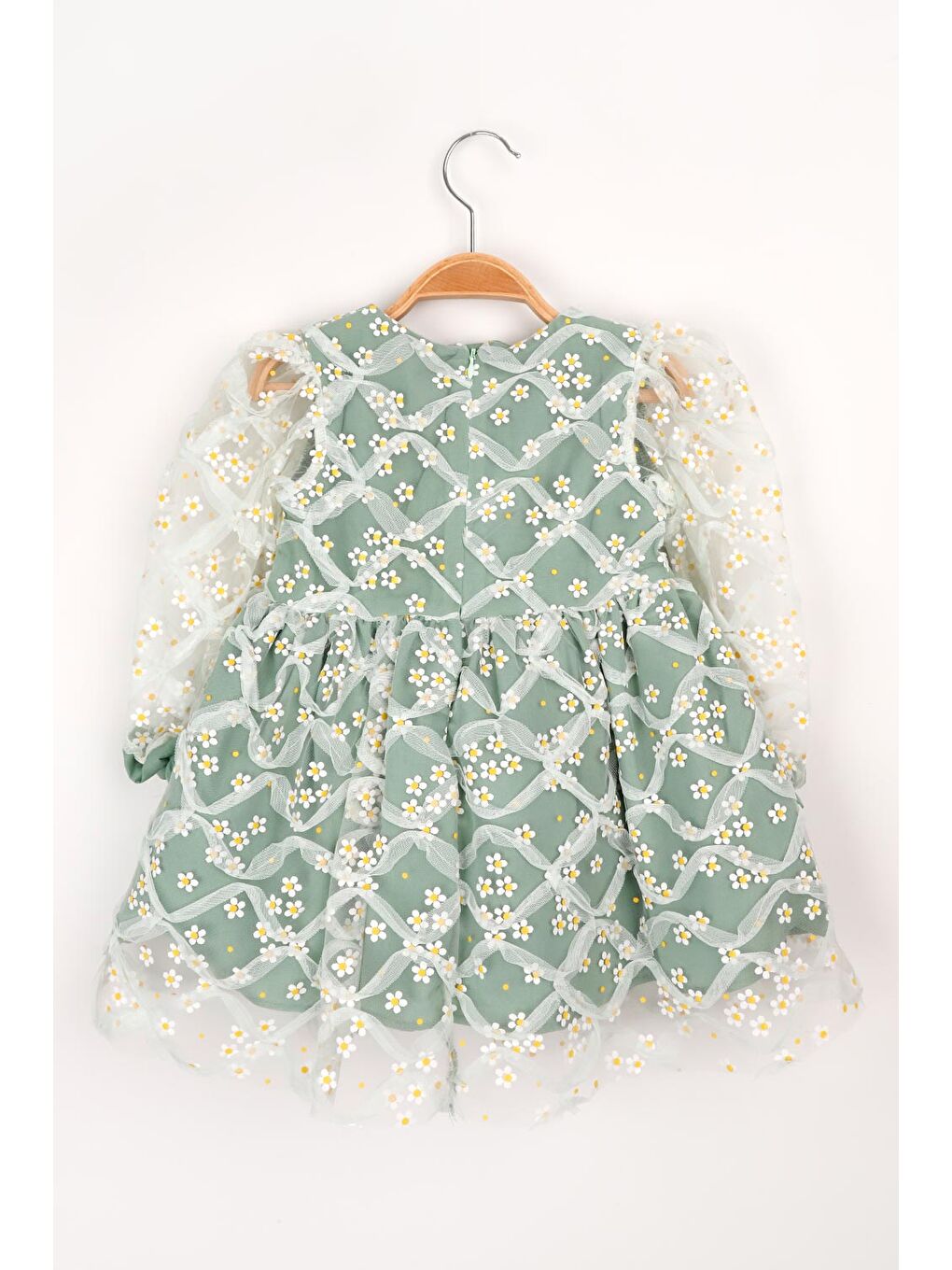 Yeşil Uzun Kollu Papatyalı Tül Detaylı Kız Çocuk Elbise - Hera-2