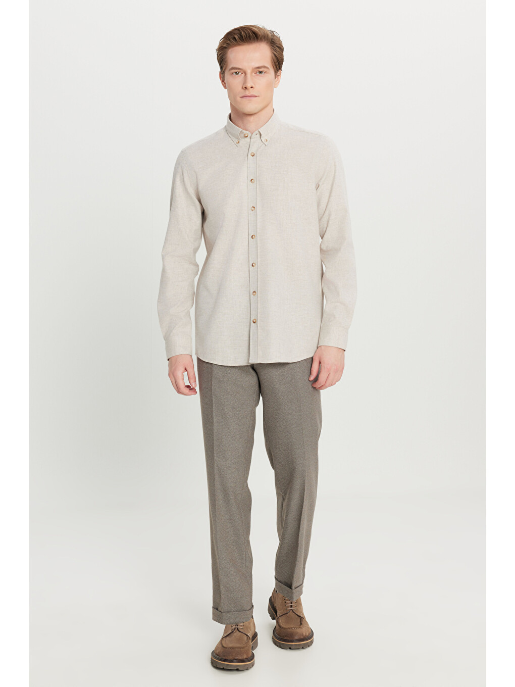 Erkek Bej Pamuklu Slim Fit Dar Kesim Düğmeli Yaka Diagonal Desenli Flanel Gömlek-1