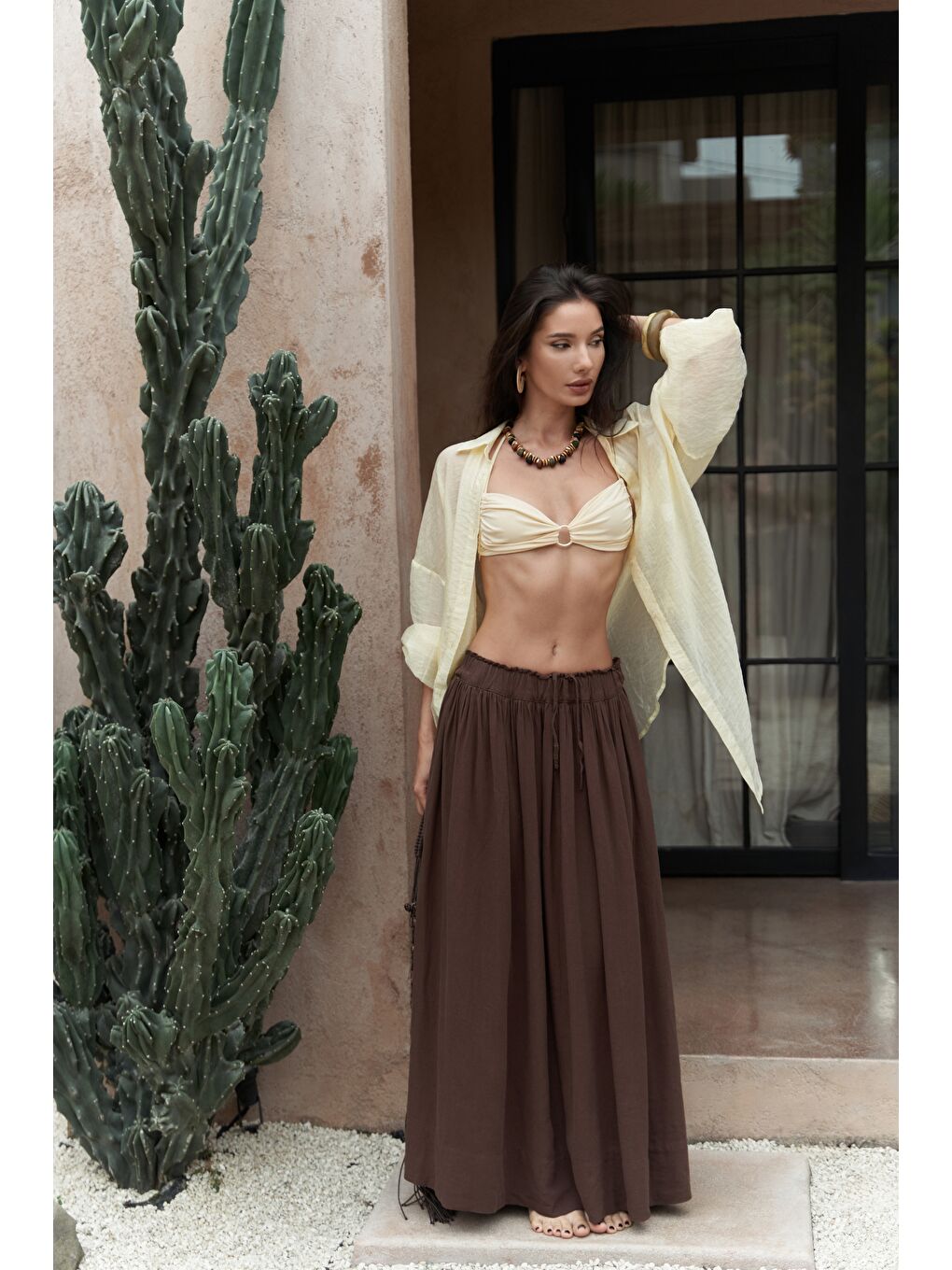 Kahverengi Gabbiano Bağcıklı Pileli Kahve Keten Etek-2