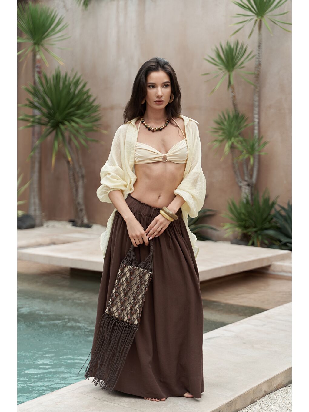 Kahverengi Gabbiano Bağcıklı Pileli Kahve Keten Etek-3