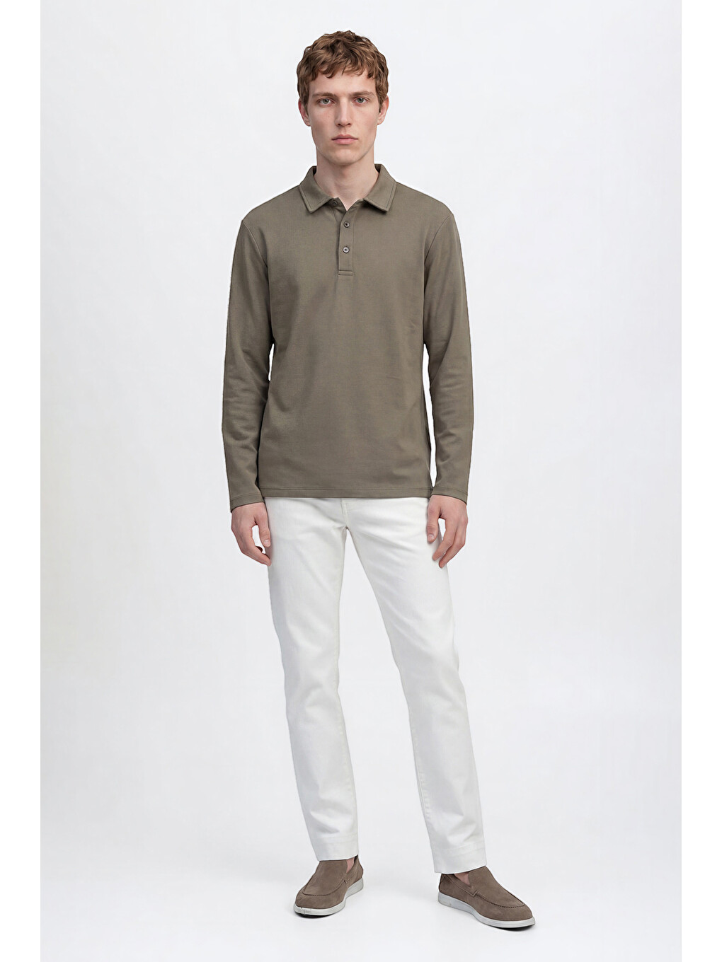 Erkek Haki Pamuklu Slim Fit Dar Kesim Polo Yaka Uzun Kollu Esnek Tişört-1