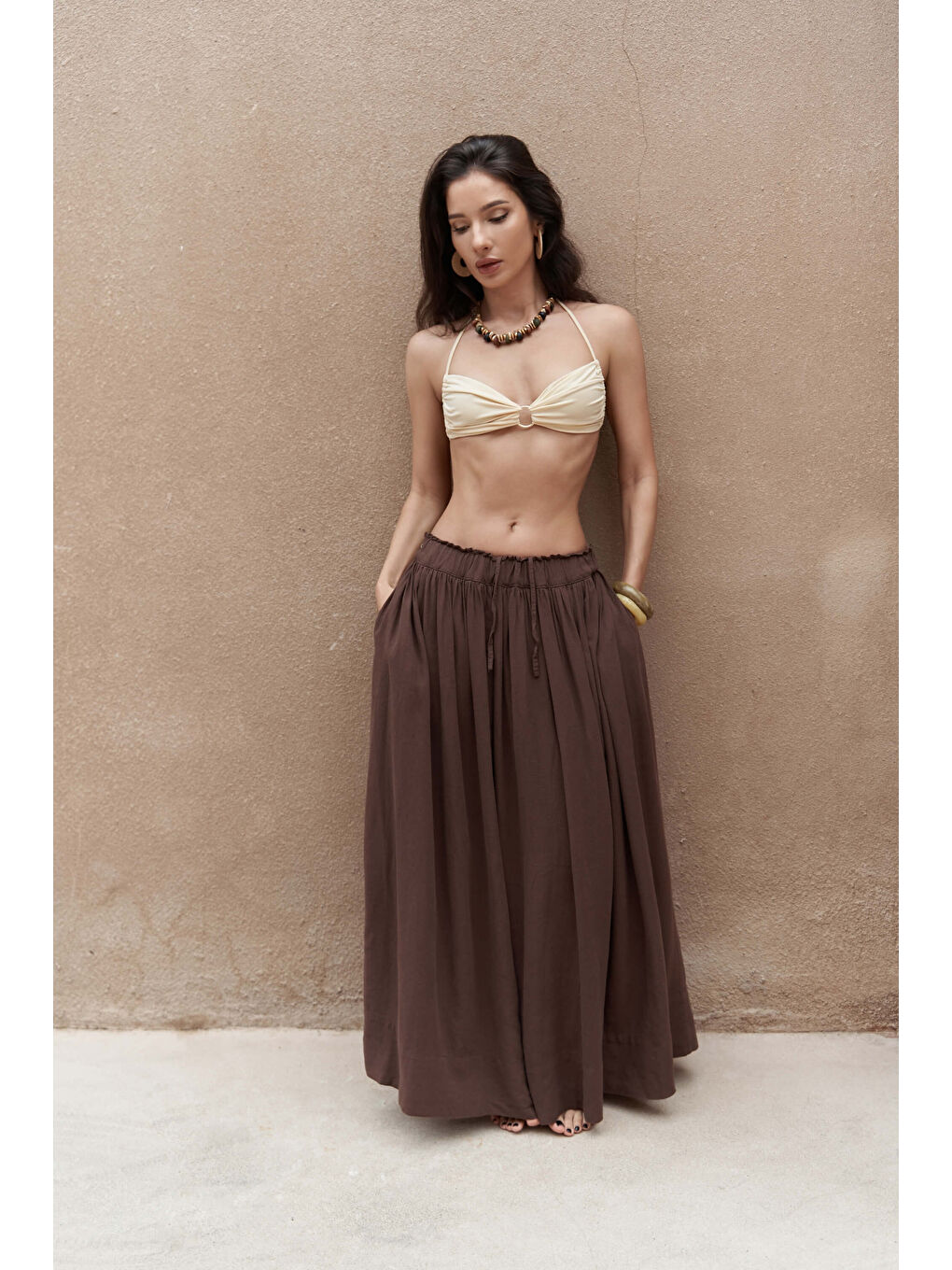 Kahverengi Gabbiano Bağcıklı Pileli Kahve Keten Etek-4