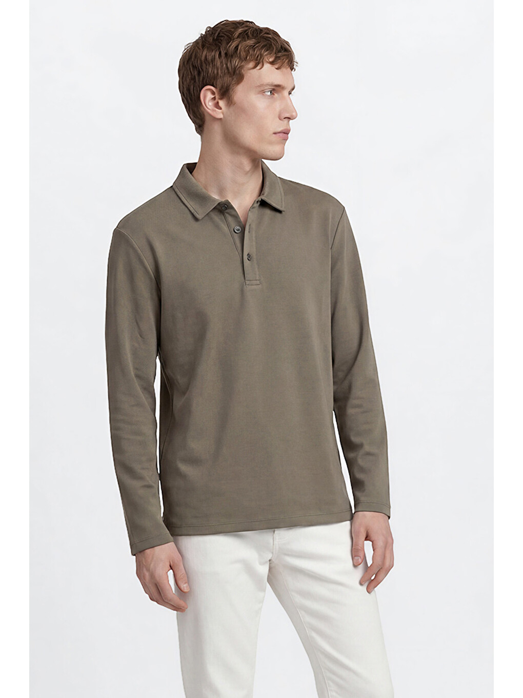 Erkek Haki Pamuklu Slim Fit Dar Kesim Polo Yaka Uzun Kollu Esnek Tişört-2