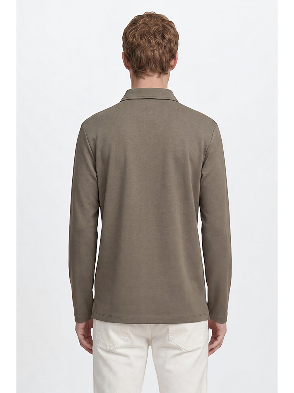 Erkek Haki Pamuklu Slim Fit Dar Kesim Polo Yaka Uzun Kollu Esnek Tişört-4