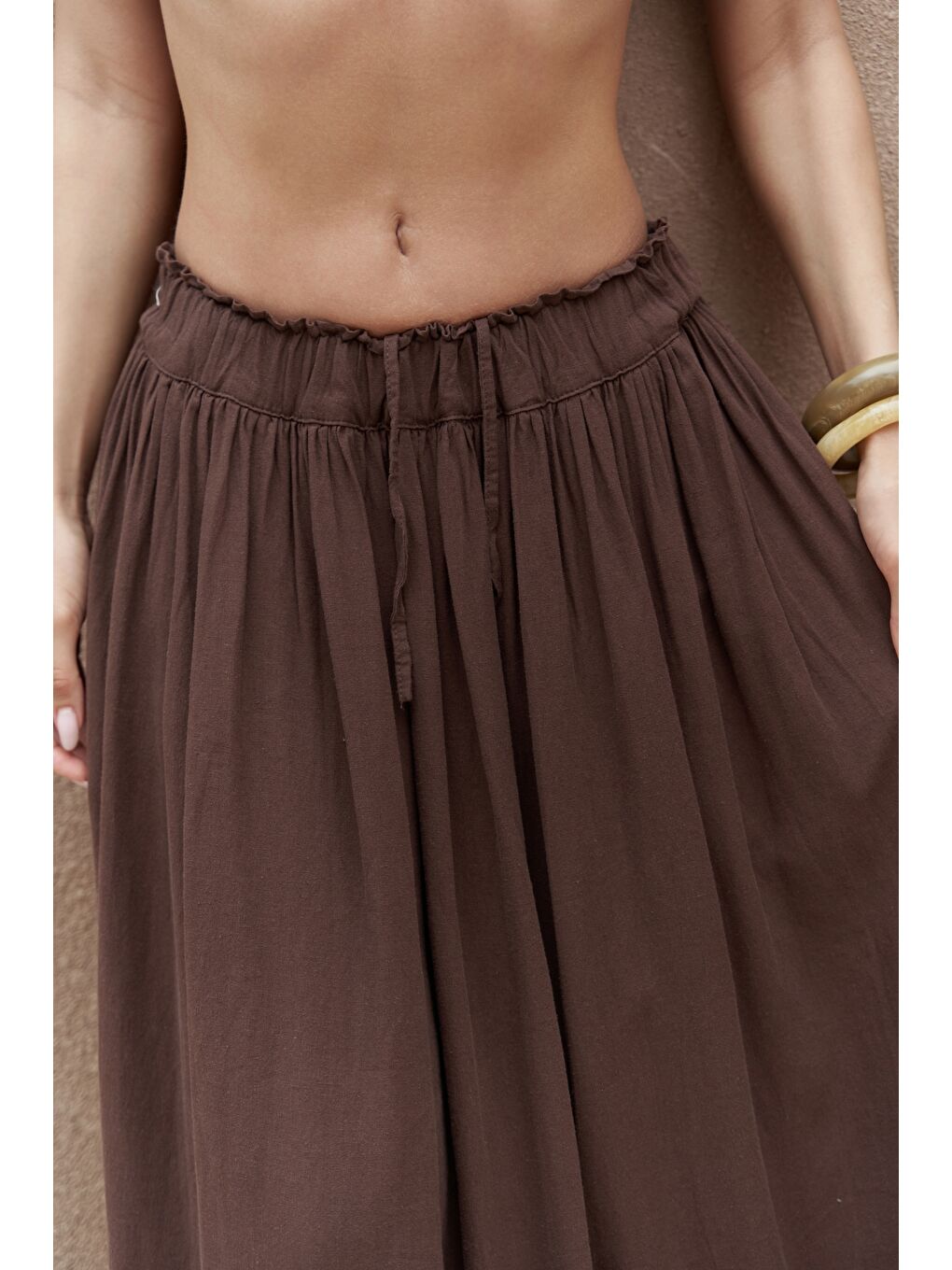 Kahverengi Gabbiano Bağcıklı Pileli Kahve Keten Etek-6