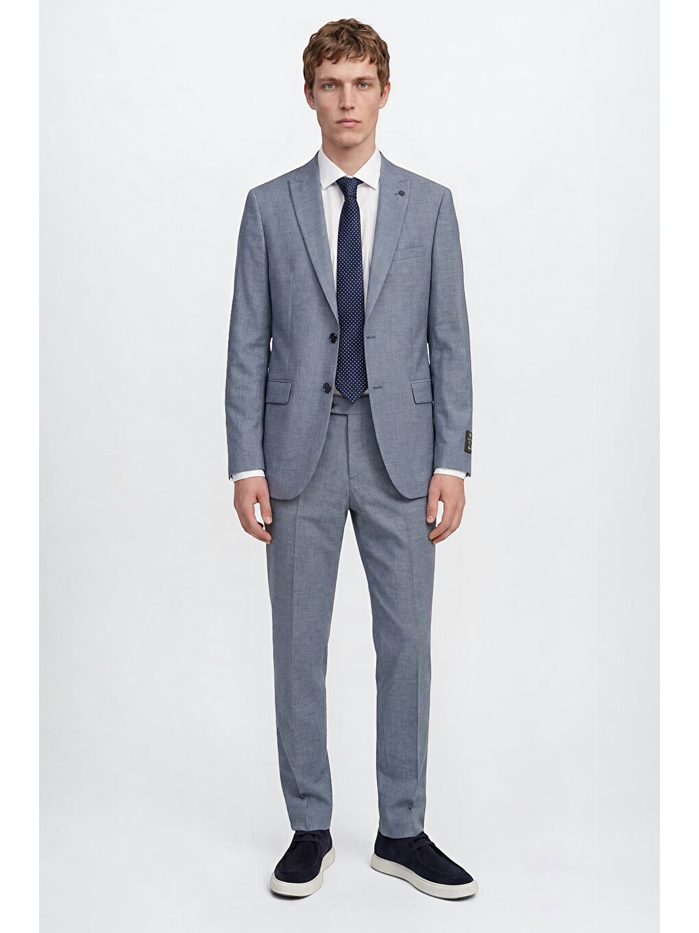 Erkek Mavi Yünlü Slim Fit Dar Kesim Kırlangıç Yaka Kapak Cepli Takım Elbise-3