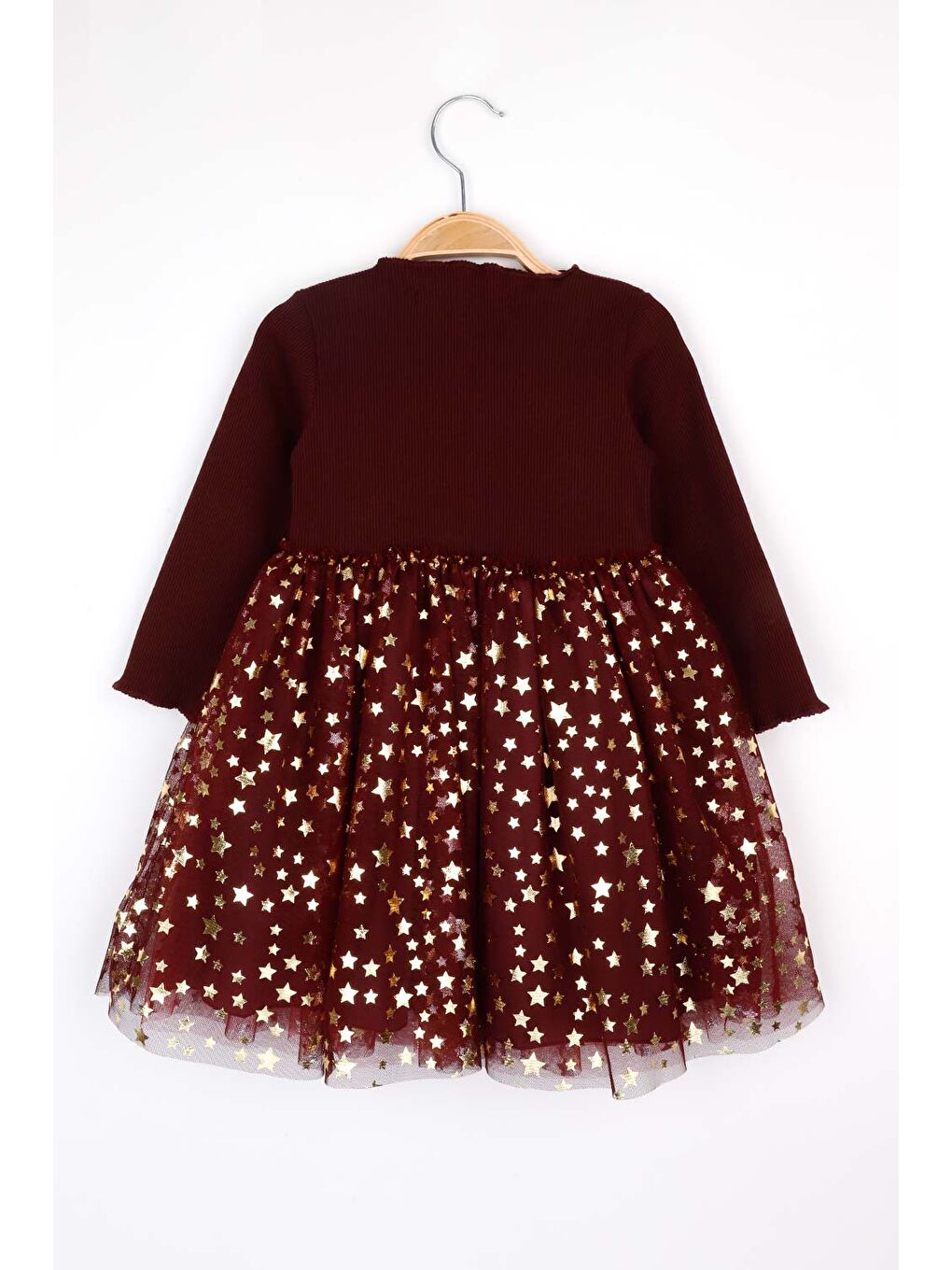 Bordo Yıldız Baskılı Tül Etekli Kız Çocuk Elbise - Karen-2