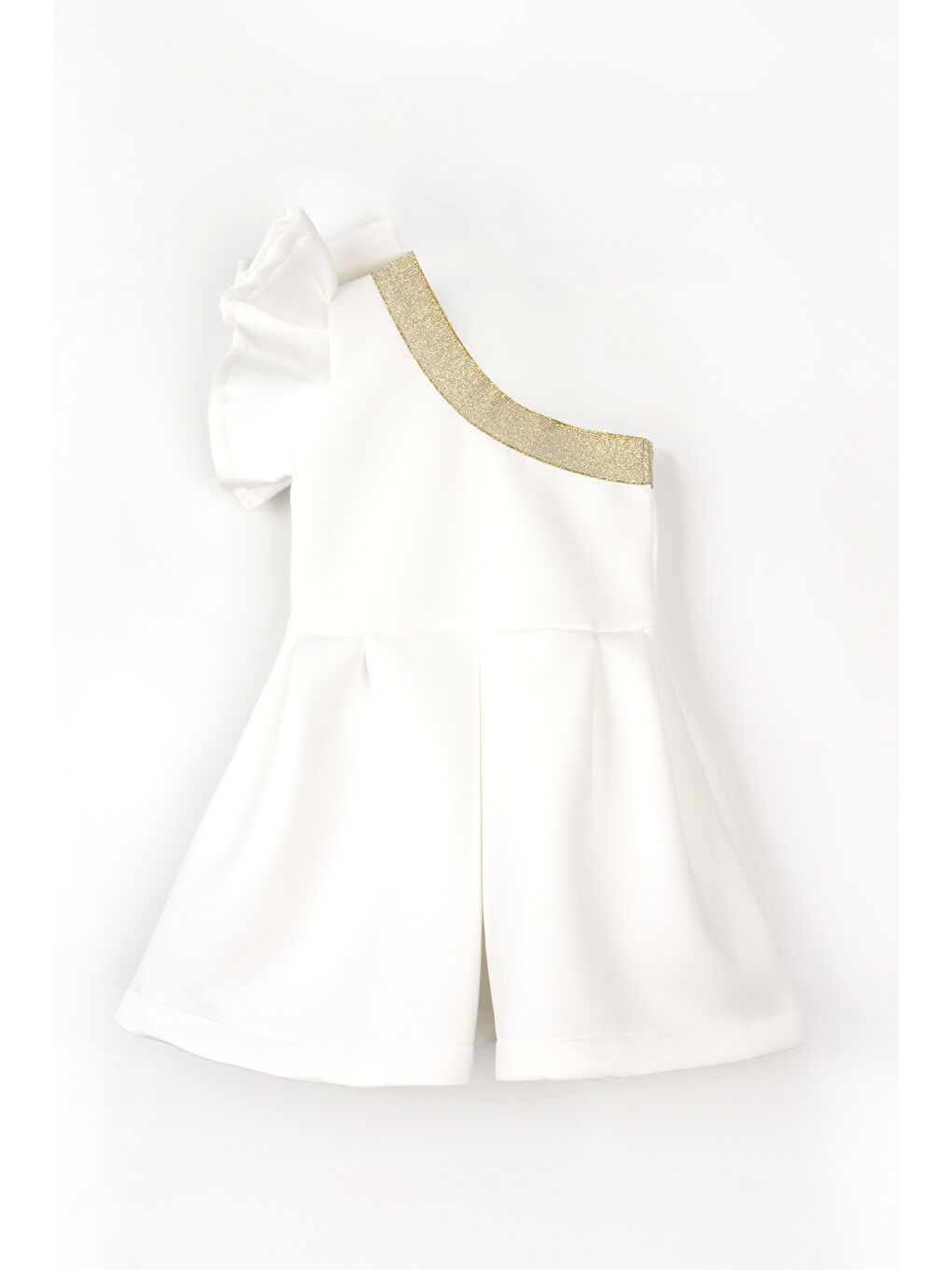 Ekru Fırfırlı Tek Omuzlu Fiyonk Detaylı Kız Çocuk Elbise - Mildred-3