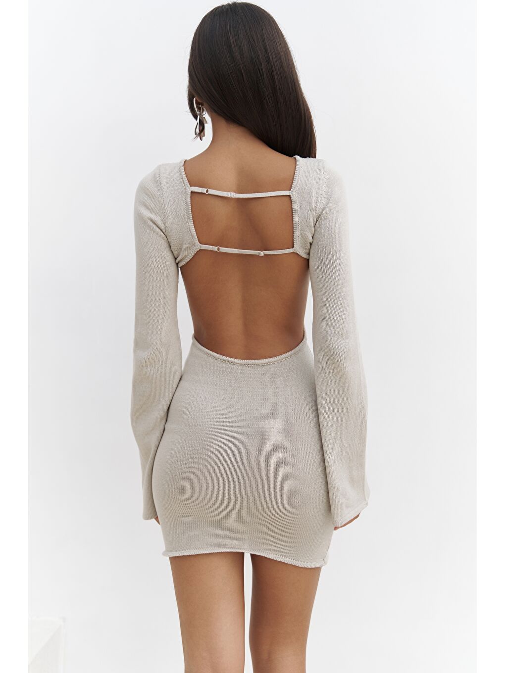 Bej Sariah Pencere Detay Taş Triko Elbise-3