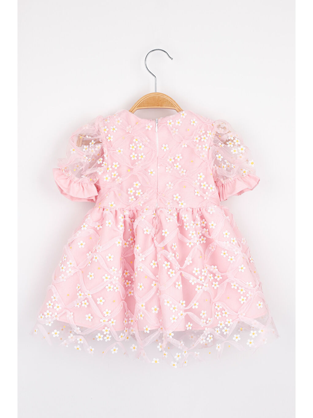 Pembe Kısa Kollu Papatya Tüllü Kız Çocuk Elbise - Hillary-2