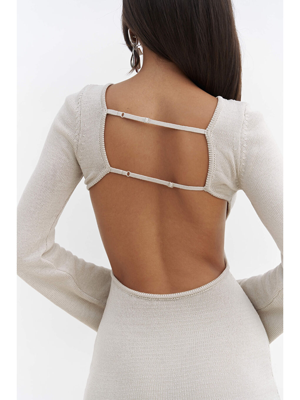 Bej Sariah Pencere Detay Taş Triko Elbise-7