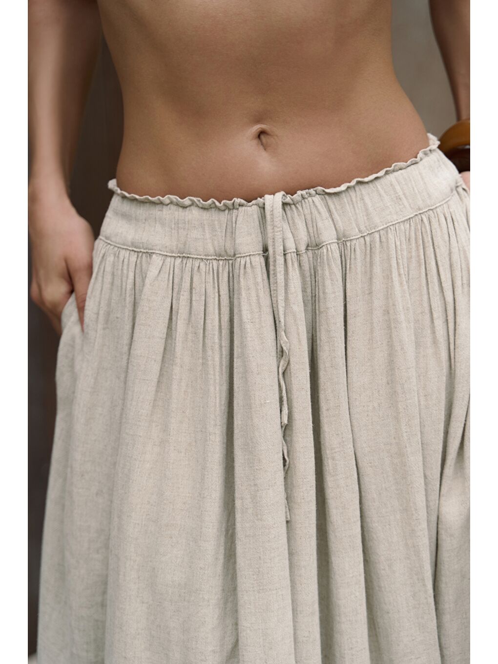 Gabbiano Bağcıklı Pileli Bej Keten Etek-6