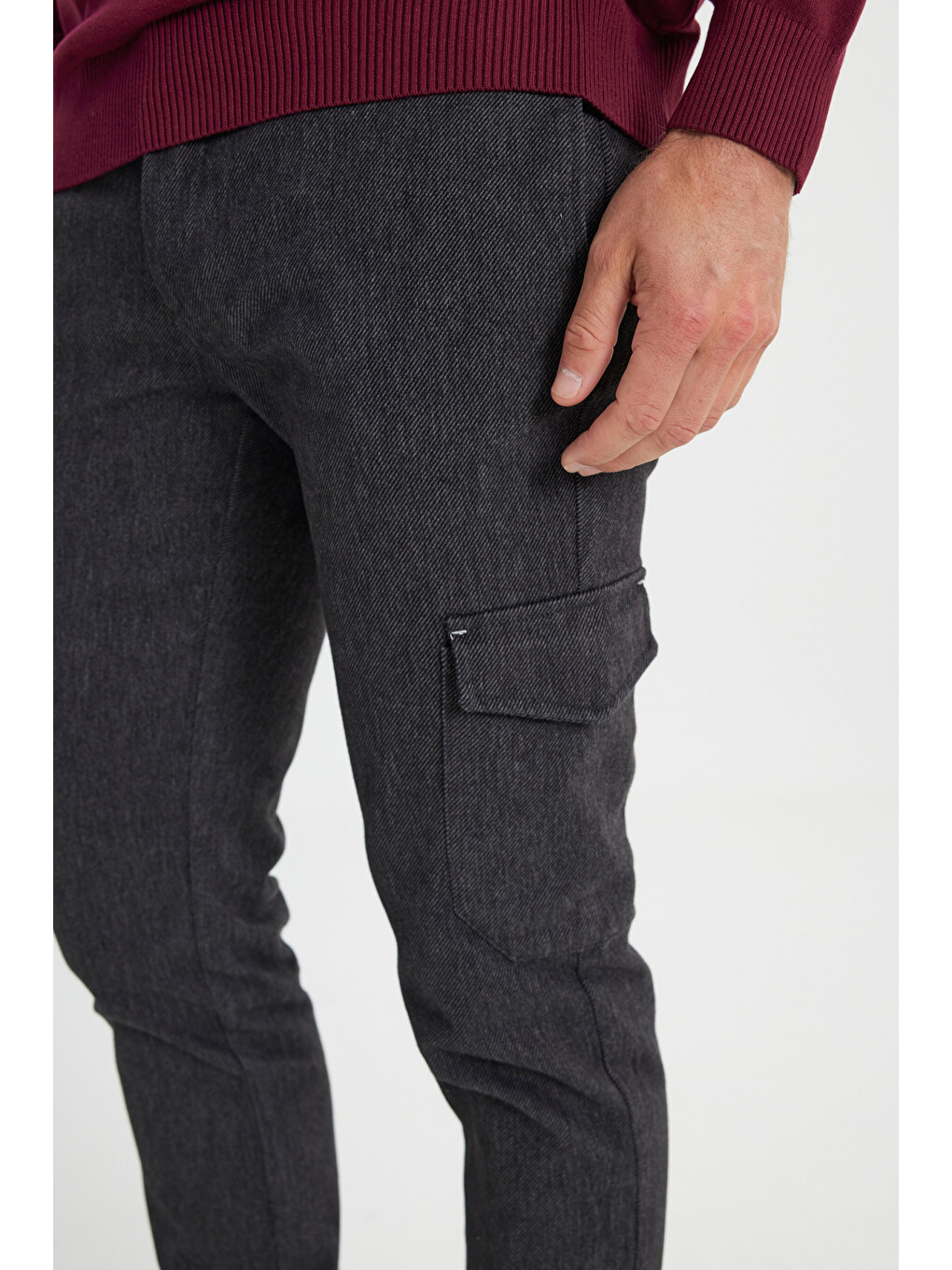Erkek Siyah-gri Slim Fit Dar Kesim Diyagonal Desenli Kargo Cepli Esnek Pantolon-4