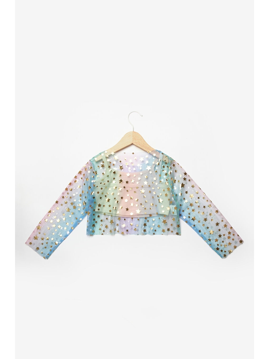 Karışık Çok Renkli Uzun Kollu Yıldızlı Kız Çocuk Tül Crop-4